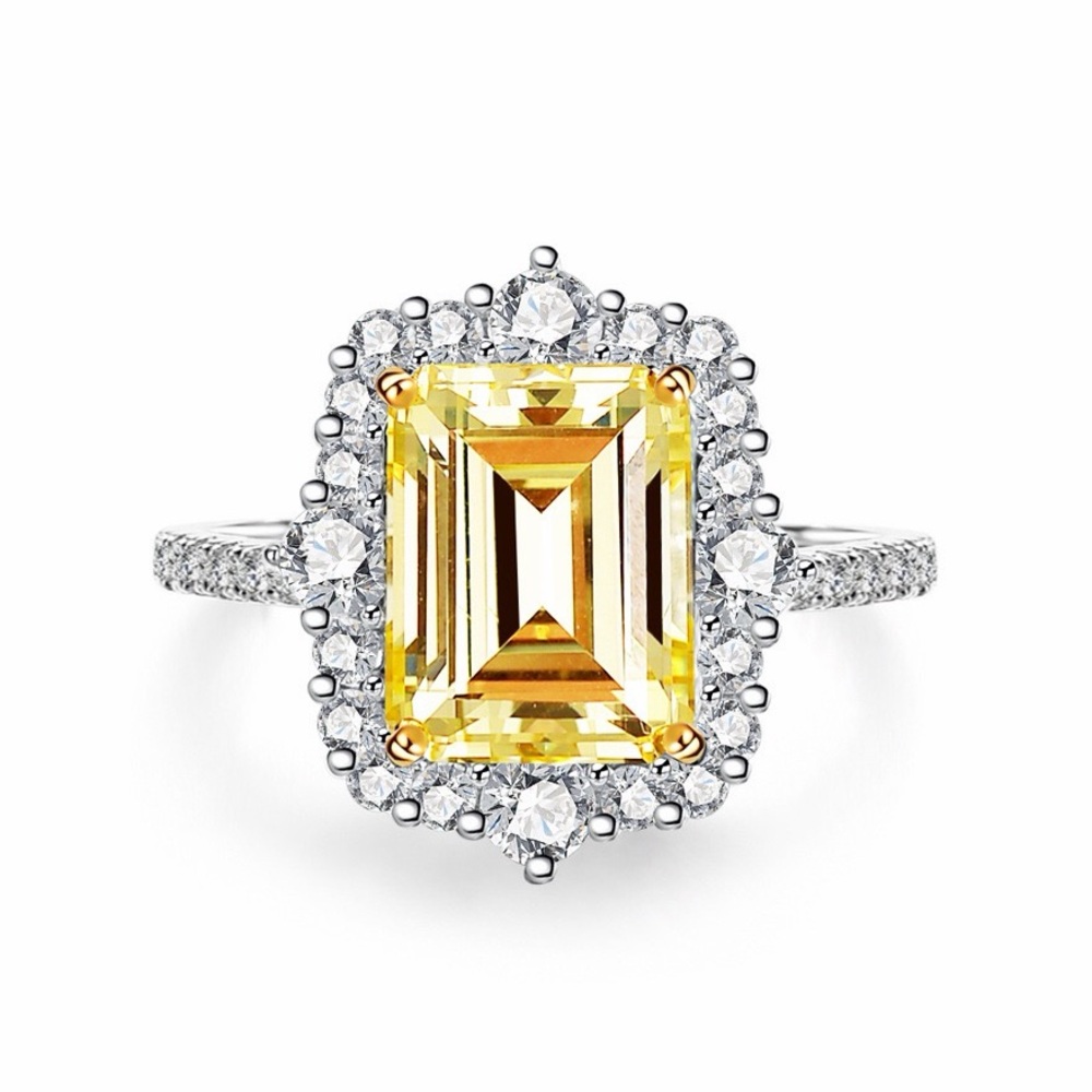 Emerald-Cut CZ Ring S925 Sterling Silver Luxury Halo Design‎ Engagement Ring